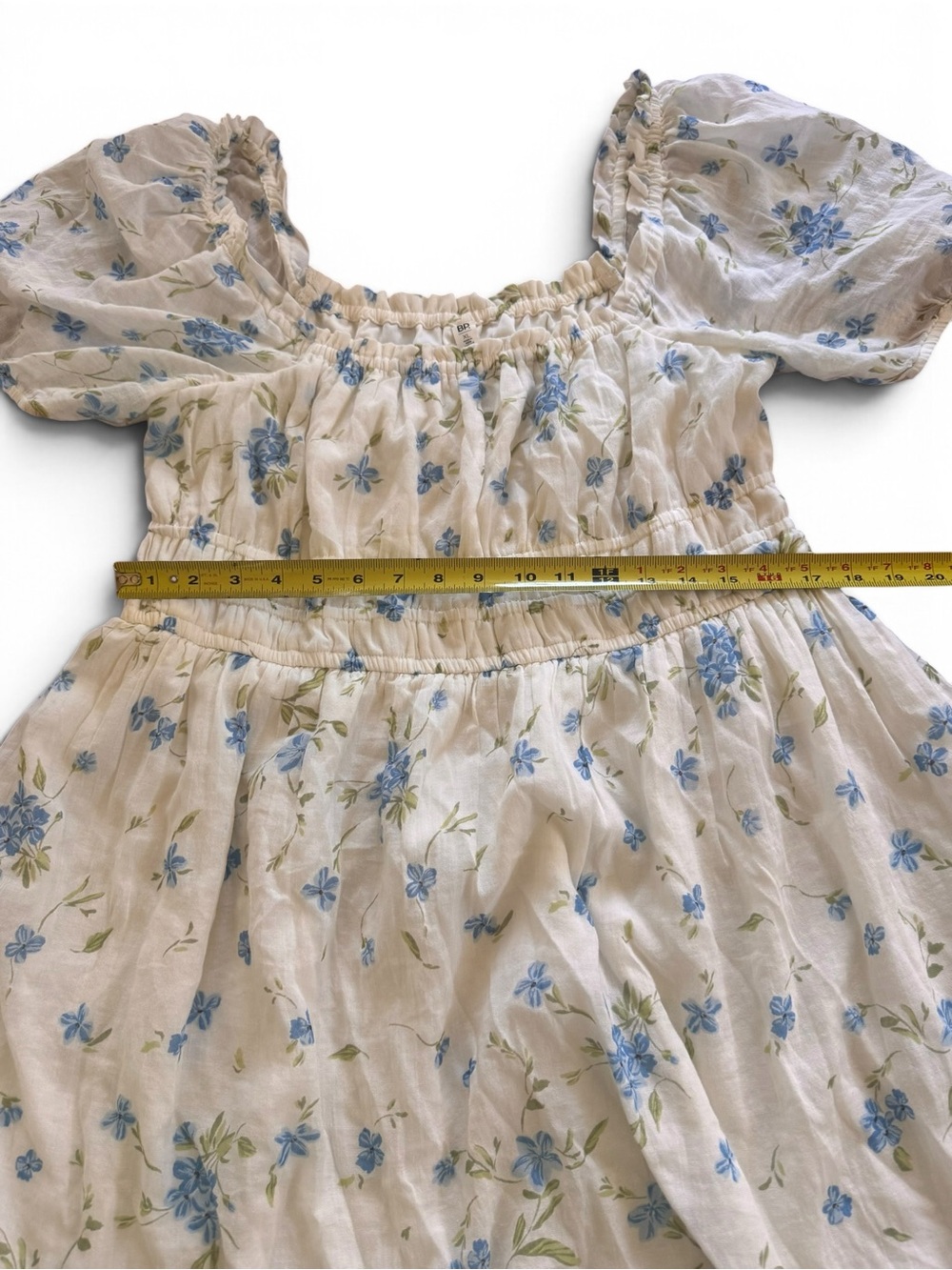 Cream Floral Puff-Sleeve BoHo flowery cottage core Dress with Blue Flowers - Picture 9 of 10